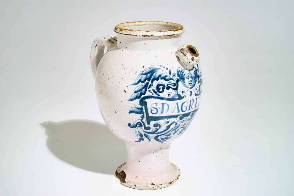 A blue and white Delft style wet drug jar, Lille, France, 17/18th C.